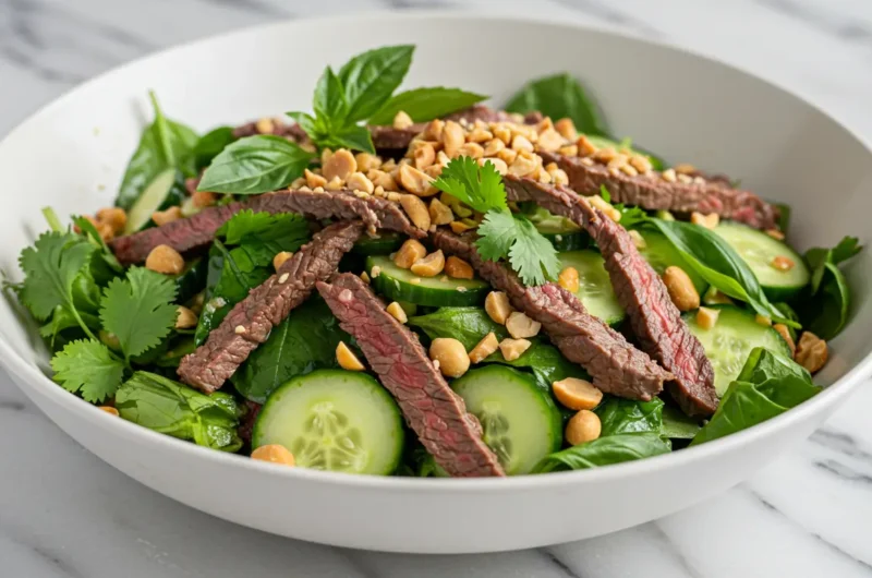 Salade d'émincé de bœuf aux concombres et cacahuètes croquantes
